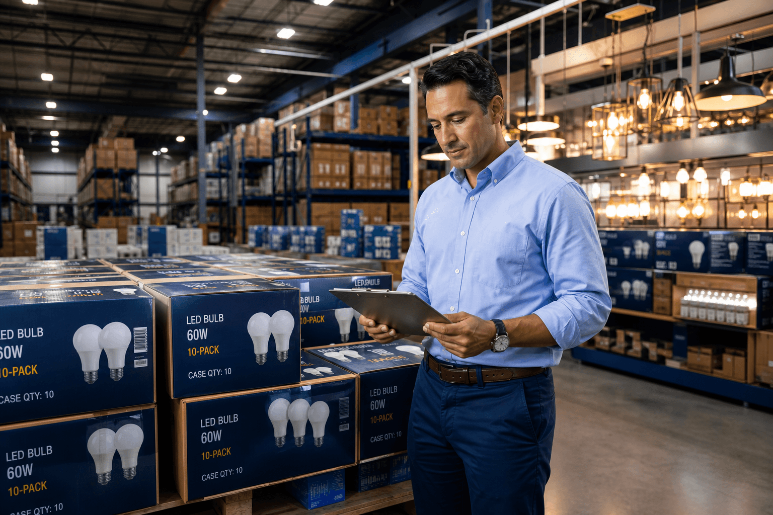 A lighting professional reviewing wholesale LED bulb cases in a well-organized warehouse.